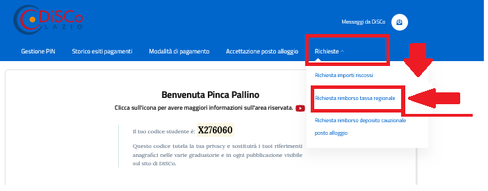Dal menu Richieste seleziona rimborso tassa regionale