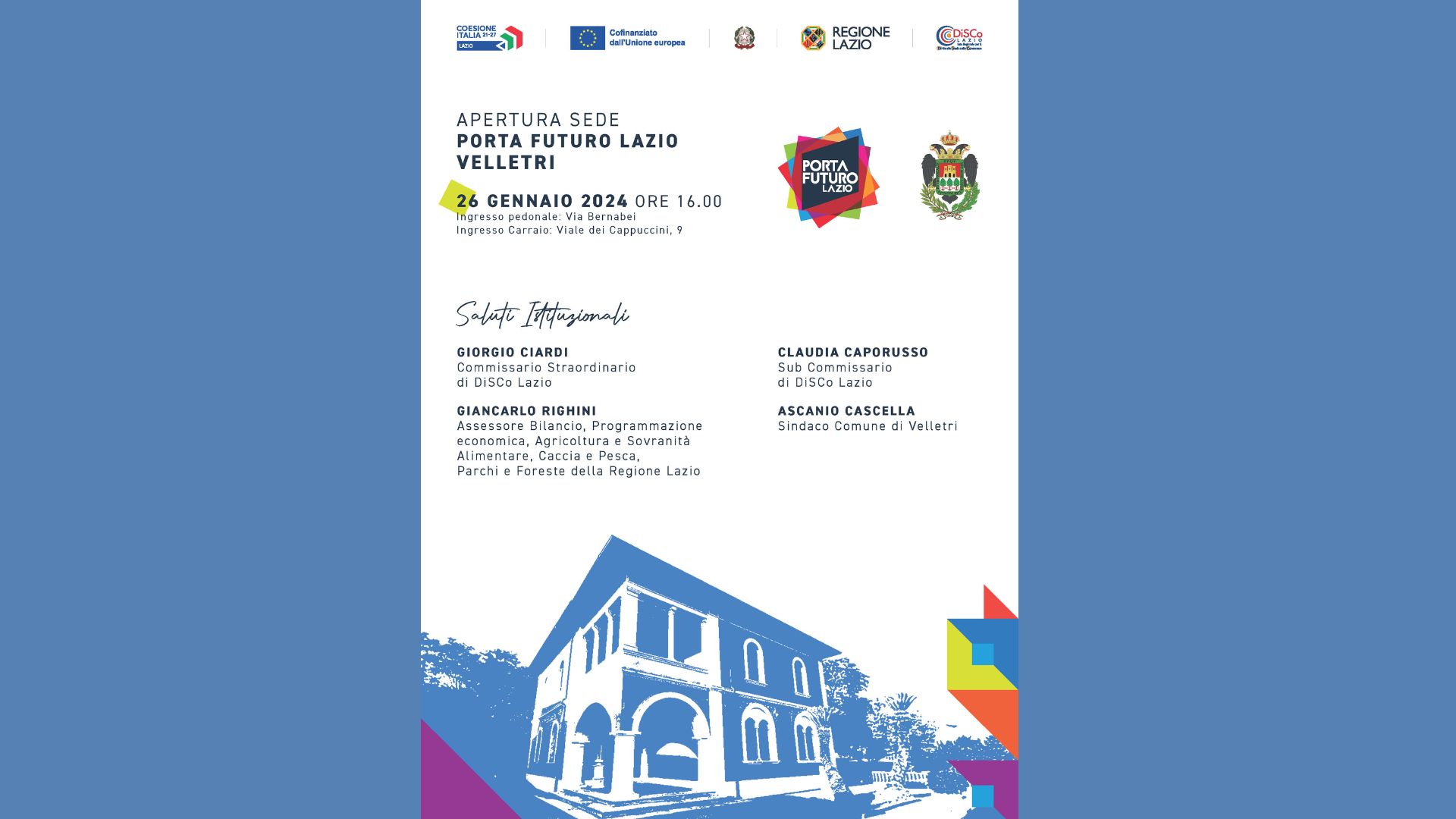 Dalla collaborazione tra DiSCo, Regione Lazio e Comune di Velletri, inaugurazione prossimo 26 gennaio della nuova sede di PFL Velletri