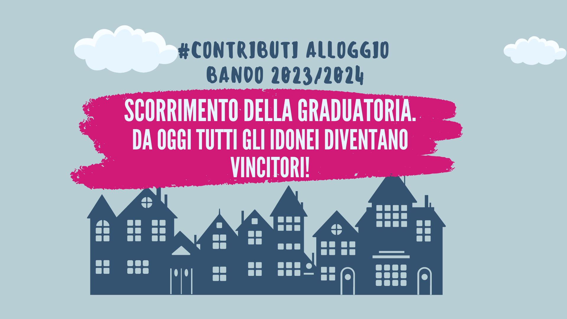 Contributi Alloggio-Bando 2023/2024 -Scorrimento della graduatoria - Da oggi tutti gli idonei diventano vincitori.