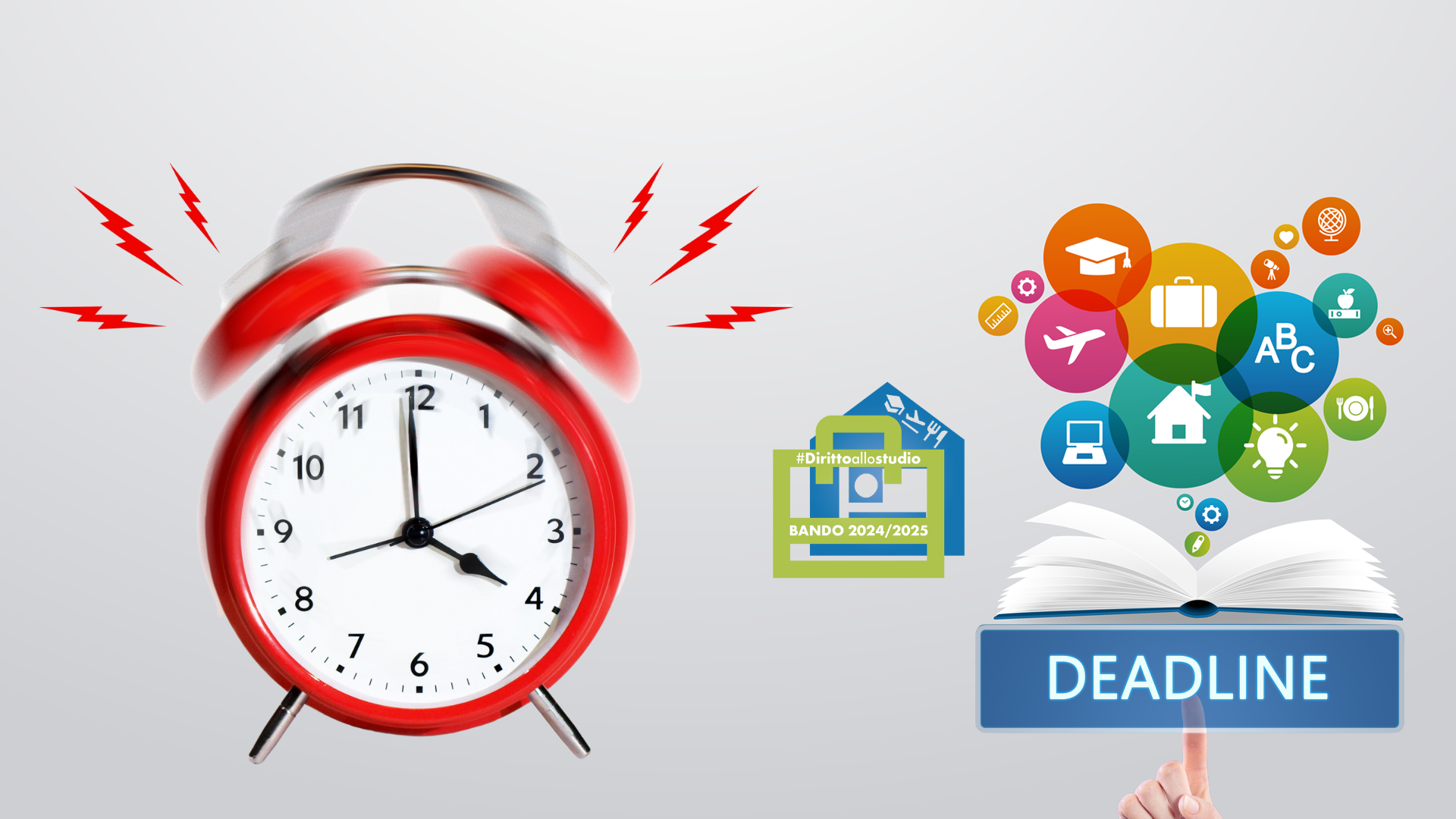 illustrazione - sveglia e scritta deadline bando diritto allo studio 2024-2025